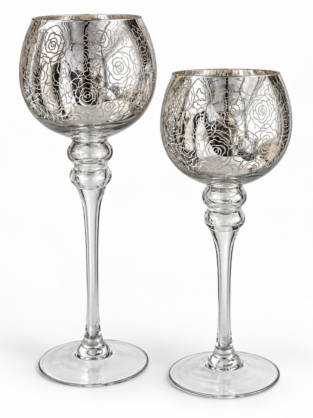 Set of 2 Silver Floral Etched Glass Pedestal Candle Holders